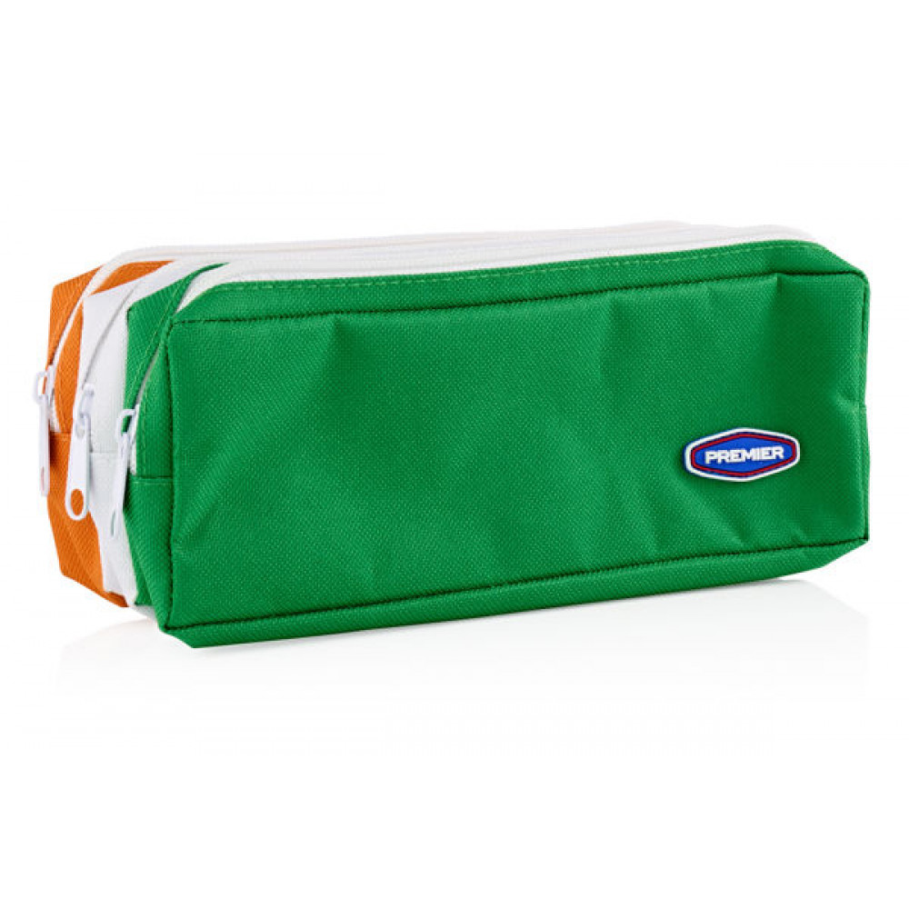 Pencil Case 3 Pocket Zip Green White Orange