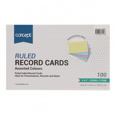 Ruled Record Cards Colour Pkt.100 8X5 in