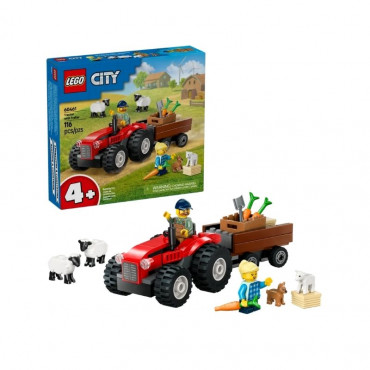 Red Farm Tractor with Trailer and Sheep